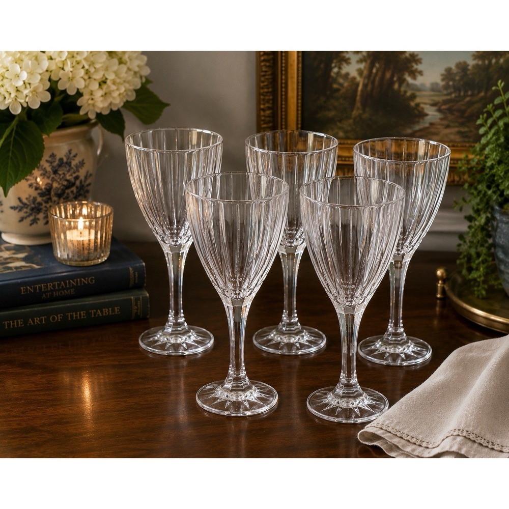 Sasaki Caren Wine Glasses Set of 5 Clear Crystal Ribbed Stemware 7 7/8"